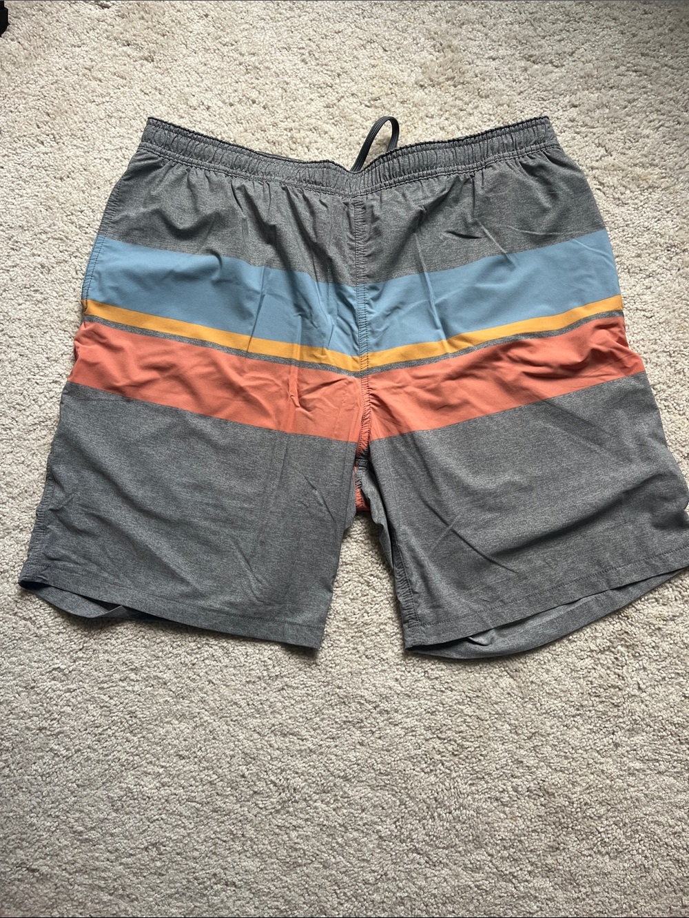 Kirklands Gray Swim Board Shorts with Blue, Orange and Yellow Stripes